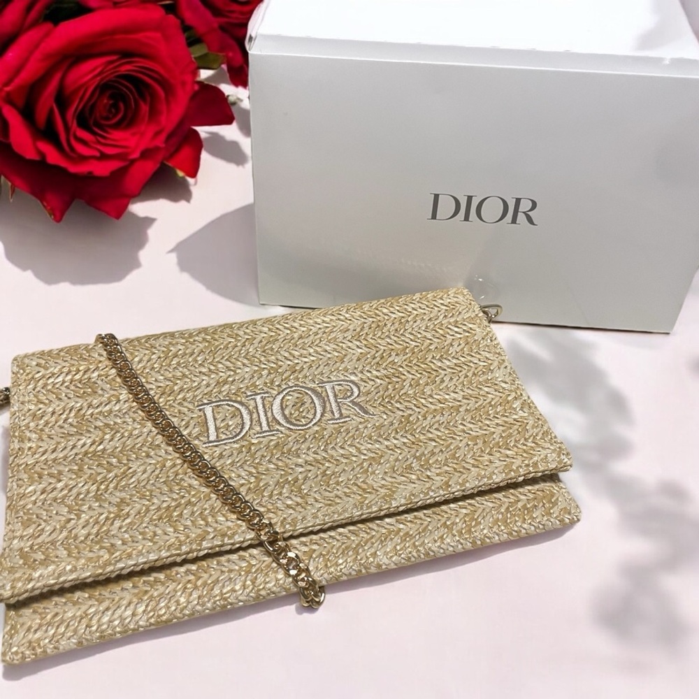 NEW in Box Dior VIP Rafia Clutch with Gold Crossbody Strap